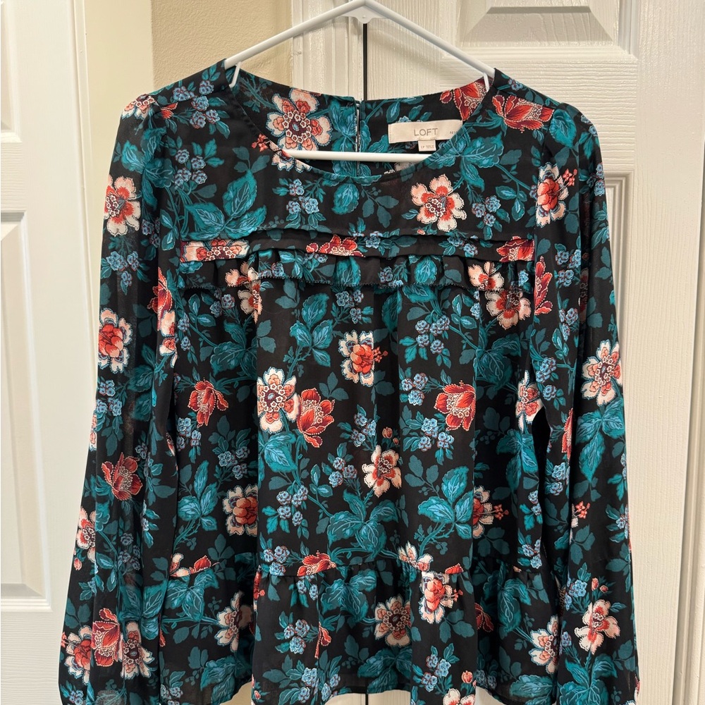 LOFT Blue Boxy Blouse with Bib Collar